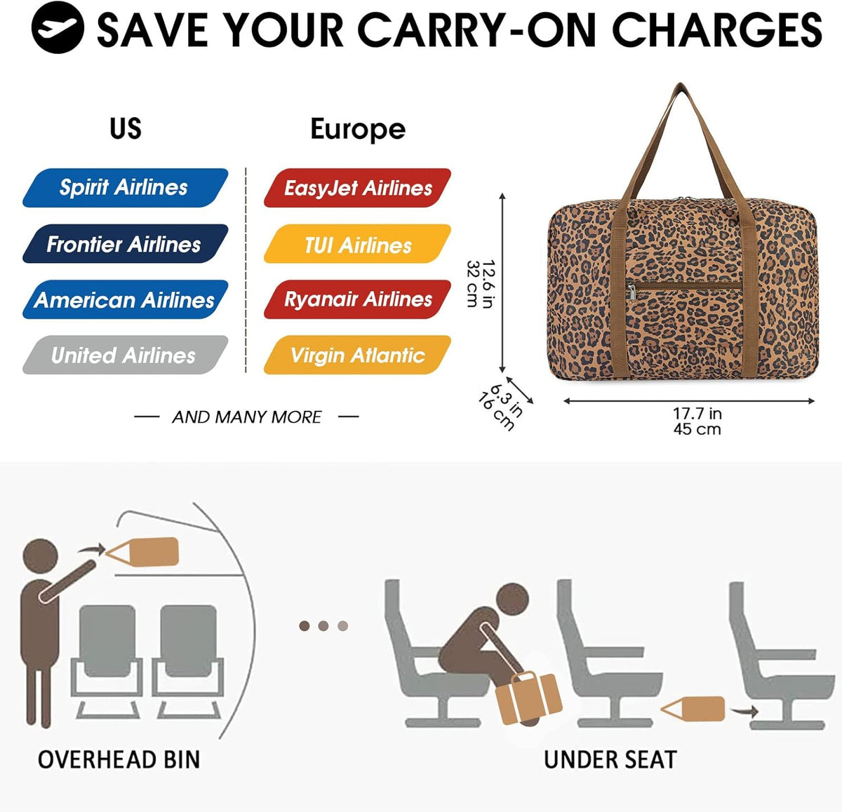 Personal Item Travel Bag, Carry On Duffle Bag Women | 18x14x8 inches, Frontier Airline Underseat Fit, Weekend Overnight Trips, Lightweight Packable