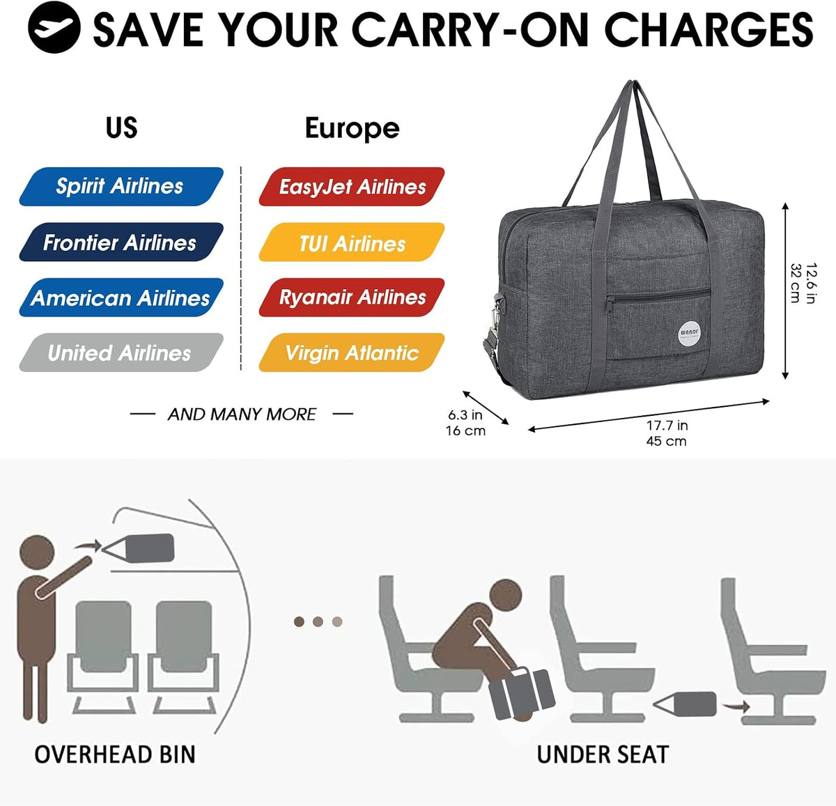 Personal Item Travel Bag, Carry On Duffle Bag Women | 18x14x8 inches, Frontier Airline Underseat Fit, Weekend Overnight Trips, Lightweight Packable