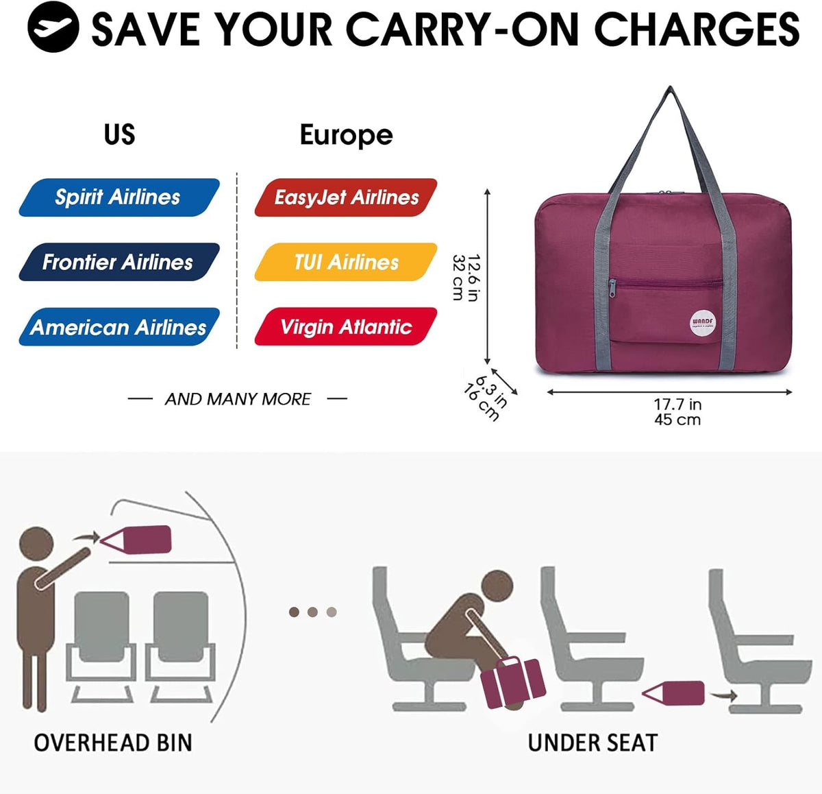 Personal Item Travel Bag, Carry On Duffle Bag Women | 18x14x8 inches, Frontier Airline Underseat Fit, Weekend Overnight Trips, Lightweight Packable