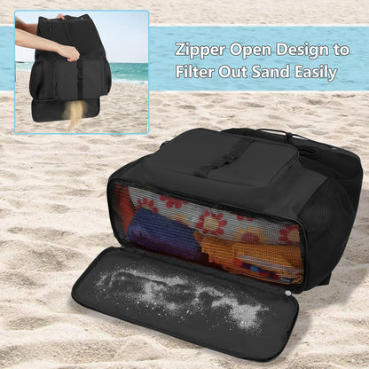 Large Mesh Beach Backpack with Zipper Bottom for Men & Women | Breathable Fabric, Sandproof, Wet/Dry Storage Pocket, 33-Liter, for Swimming, Beach, Pool, Travel & Sports, Empty Bag Only