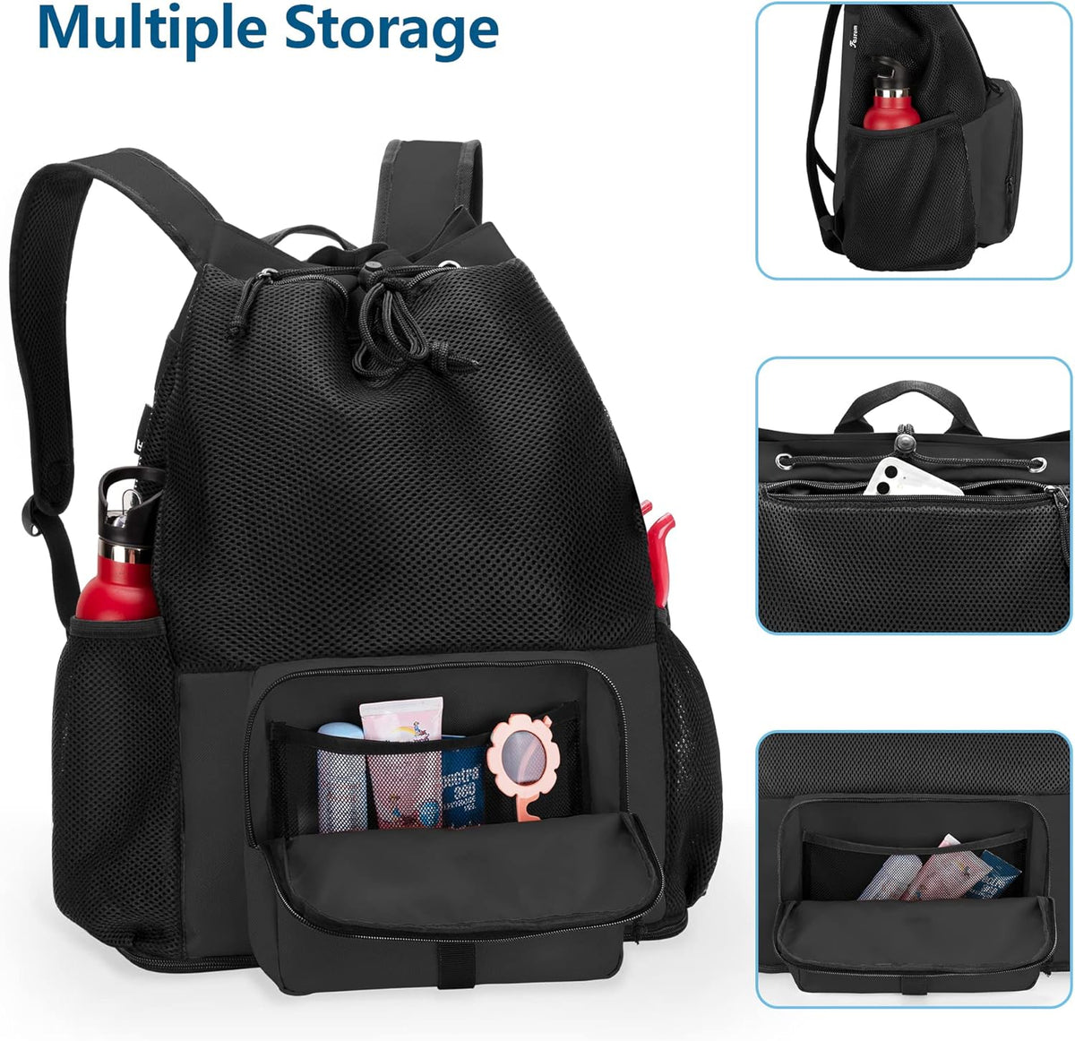 Large Mesh Beach Backpack with Zipper Bottom for Men & Women | Breathable Fabric, Sandproof, Wet/Dry Storage Pocket, 33-Liter, for Swimming, Beach, Pool, Travel & Sports, Empty Bag Only