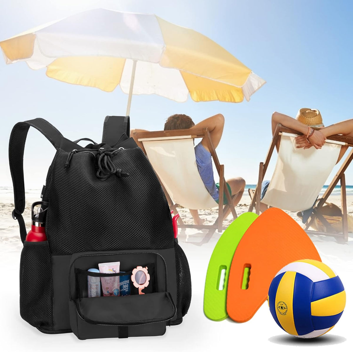 Large Mesh Beach Backpack with Zipper Bottom for Men & Women | Breathable Fabric, Sandproof, Wet/Dry Storage Pocket, 33-Liter, for Swimming, Beach, Pool, Travel & Sports, Empty Bag Only