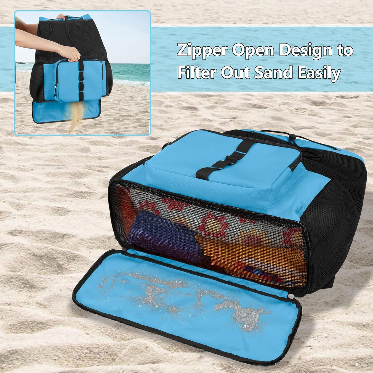 Large Mesh Beach Backpack with Zipper Bottom for Men & Women | Breathable Fabric, Sandproof, Wet/Dry Storage Pocket, 33-Liter, for Swimming, Beach, Pool, Travel & Sports, Empty Bag Only