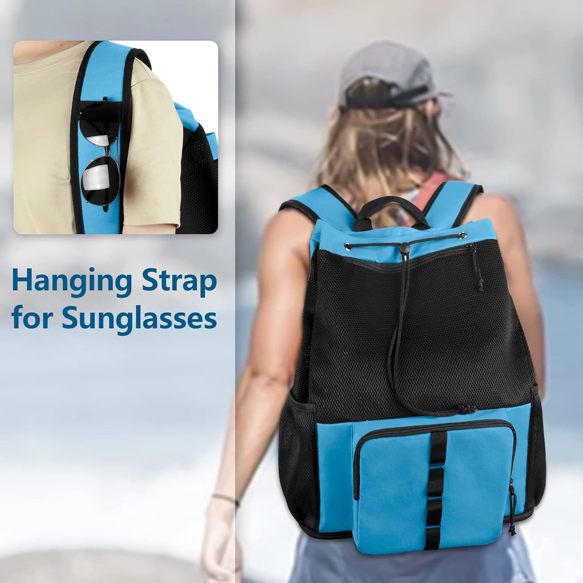 Large Mesh Beach Backpack with Zipper Bottom for Men & Women | Breathable Fabric, Sandproof, Wet/Dry Storage Pocket, 33-Liter, for Swimming, Beach, Pool, Travel & Sports, Empty Bag Only