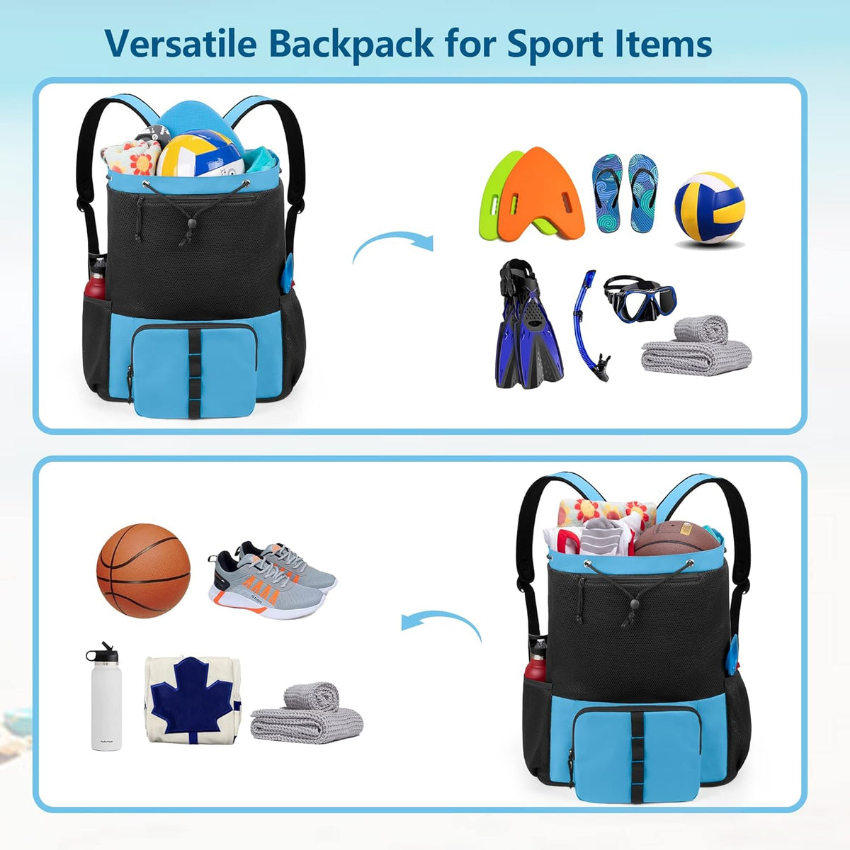 Large Mesh Beach Backpack with Zipper Bottom for Men & Women | Breathable Fabric, Sandproof, Wet/Dry Storage Pocket, 33-Liter, for Swimming, Beach, Pool, Travel & Sports, Empty Bag Only