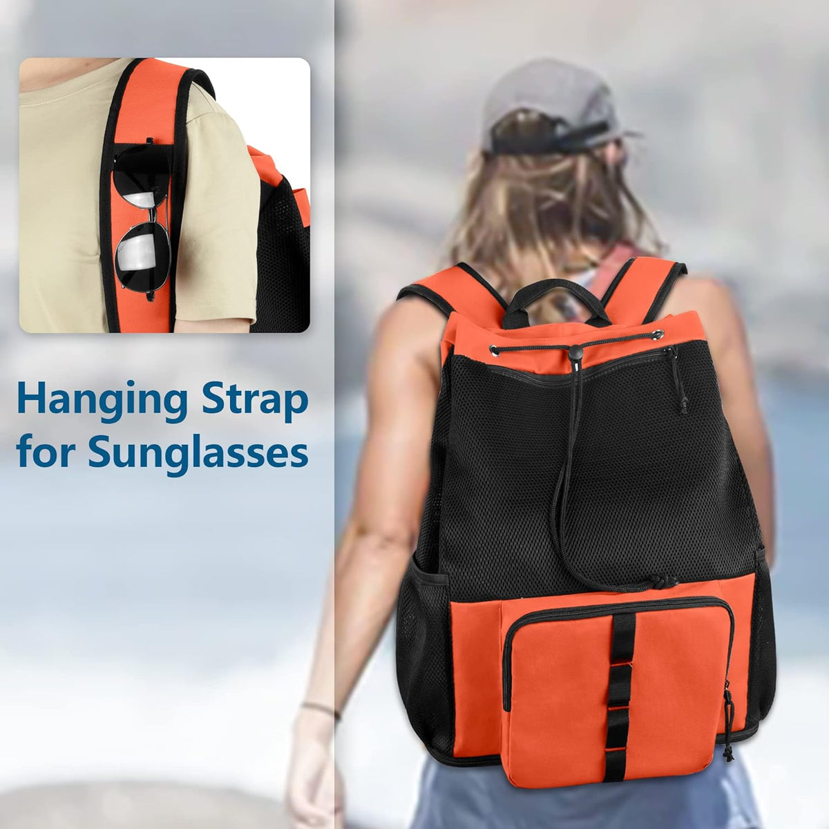 Large Mesh Beach Backpack with Zipper Bottom for Men & Women | Breathable Fabric, Sandproof, Wet/Dry Storage Pocket, 33-Liter, for Swimming, Beach, Pool, Travel & Sports, Empty Bag Only