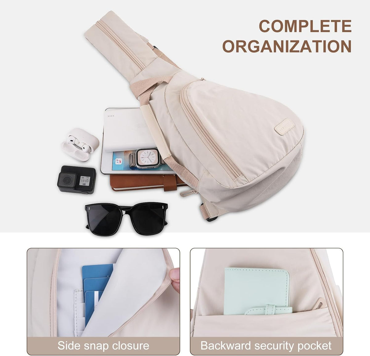Crossbody Sling Backpack Travel Hiking Daypack for Women Men, Sling Bag Convertible Backpack with Front Curved Pocket for Outdoor Casual Travel Commuting, Beige