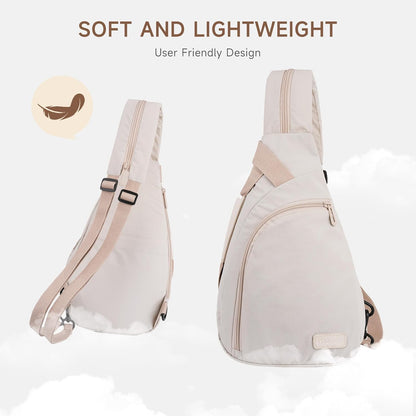 Crossbody Sling Backpack Travel Hiking Daypack for Women Men, Sling Bag Convertible Backpack with Front Curved Pocket for Outdoor Casual Travel Commuting, Beige