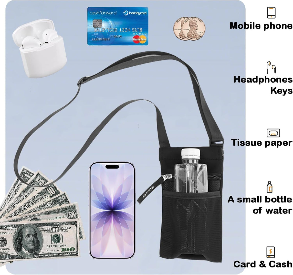 Crossbody Phone Purse with Water Bottle Holder - Multi-Function Cell Phone Pouch with Zipper & Mesh Pockets, Adjustable Strap Phone Holder for iPhone 17/16/15/14/13 Pro Max Plus, Samsung Galaxy (Gray)