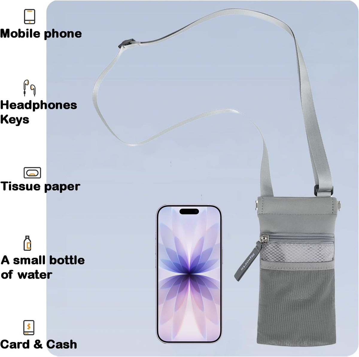 Crossbody Phone Purse with Water Bottle Holder - Multi-Function Cell Phone Pouch with Zipper & Mesh Pockets, Adjustable Strap Phone Holder for iPhone 17/16/15/14/13 Pro Max Plus, Samsung Galaxy (Gray)