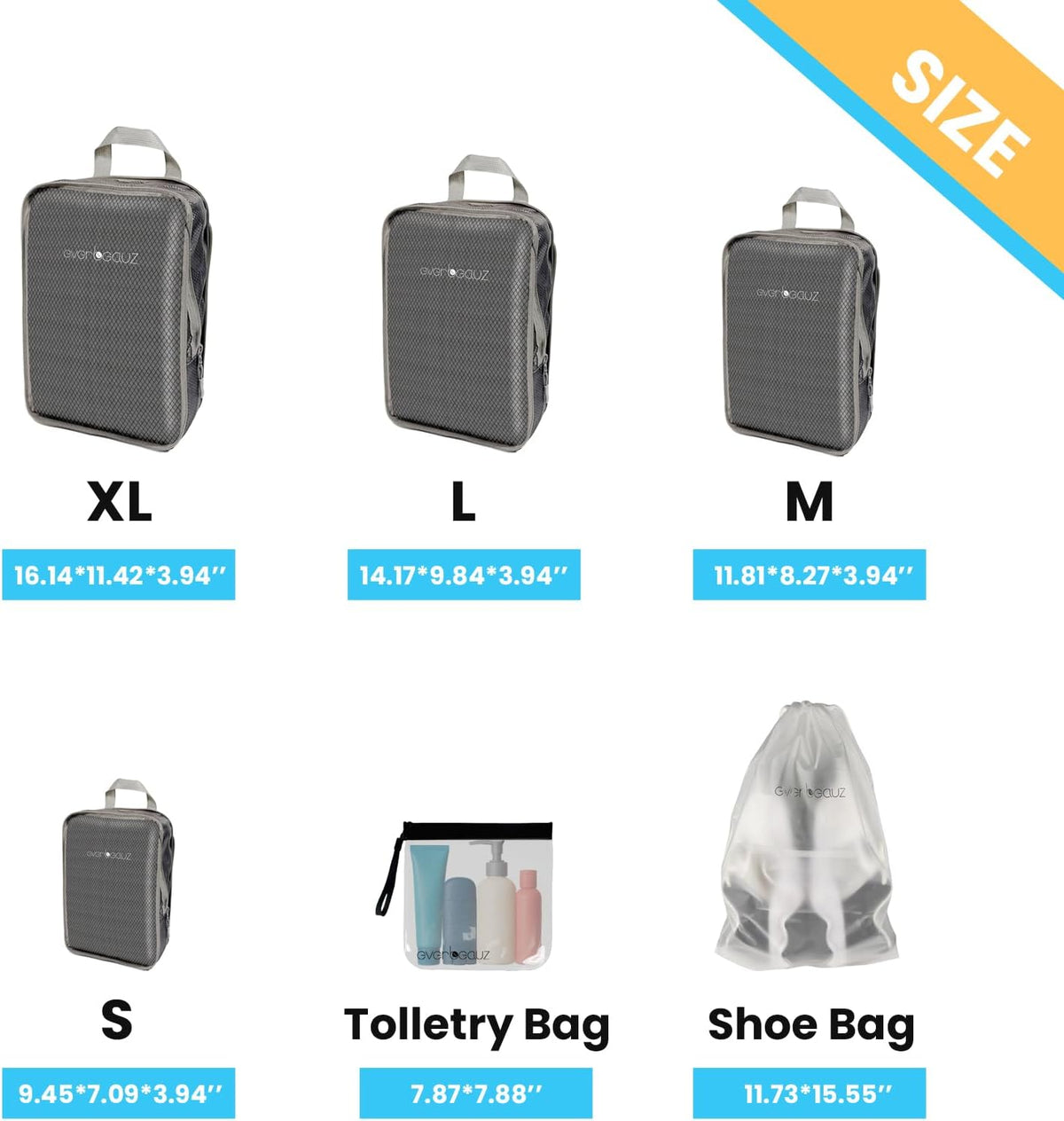 Packing Cubes for Travel - Sturdy, Lightweight & Waterproof Compression. A Durable and Tidy Packing Solution for Easy Travel Organization. Includes Toiletry and Shoe Bags (Grey)