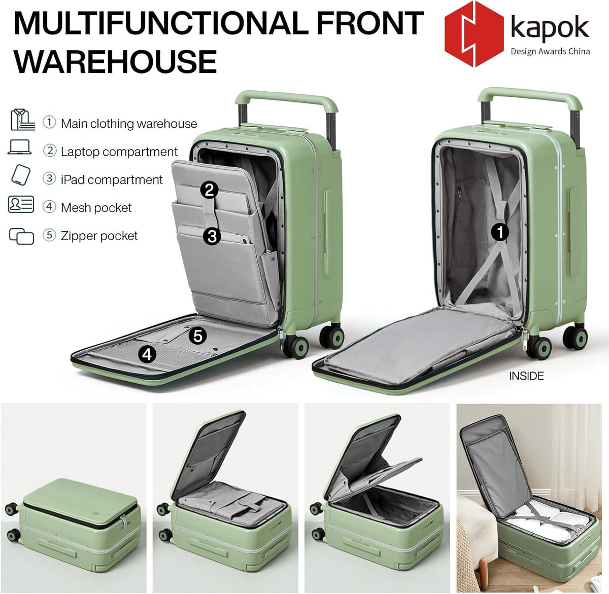 Carry On Luggage Wide Handle Luxury Design Rolling Travel Suitcase PC Hardside with Aluminum Frame Hollow Spinner Wheels, with Cover, 20 inch, Smoke White