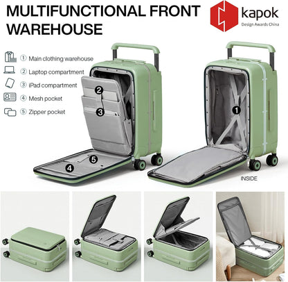 Carry On Luggage Wide Handle Luxury Design Rolling Travel Suitcase PC Hardside with Aluminum Frame Hollow Spinner Wheels, with Cover, 20 inch, Smoke White