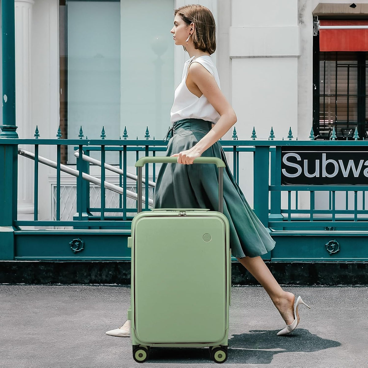 Carry On Luggage Wide Handle Luxury Design Rolling Travel Suitcase PC Hardside with Aluminum Frame Hollow Spinner Wheels, with Cover, 20 inch, Smoke White