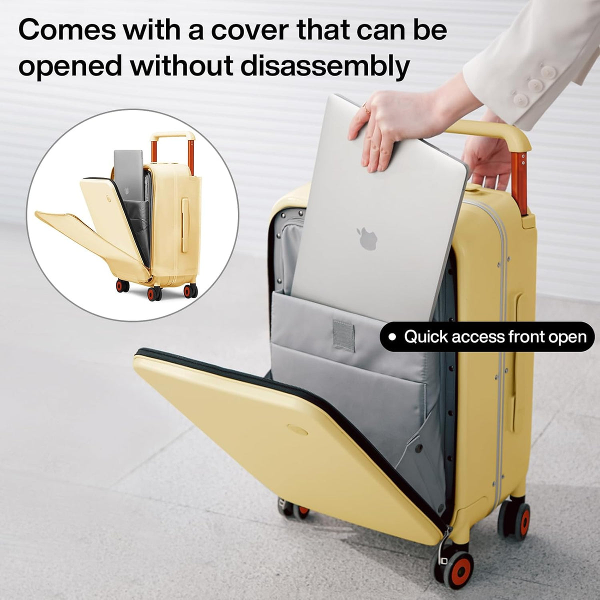 Carry On Luggage Wide Handle Luxury Design Rolling Travel Suitcase PC Hardside with Aluminum Frame Hollow Spinner Wheels, with Cover, 20 inch, Smoke White