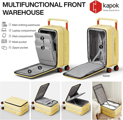 Carry On Luggage Wide Handle Luxury Design Rolling Travel Suitcase PC Hardside with Aluminum Frame Hollow Spinner Wheels, with Cover, 20 inch, Smoke White