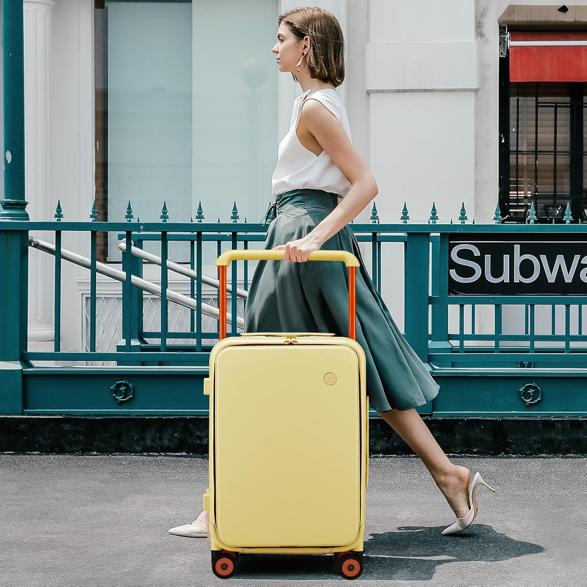 Carry On Luggage Wide Handle Luxury Design Rolling Travel Suitcase PC Hardside with Aluminum Frame Hollow Spinner Wheels, with Cover, 20 inch, Smoke White