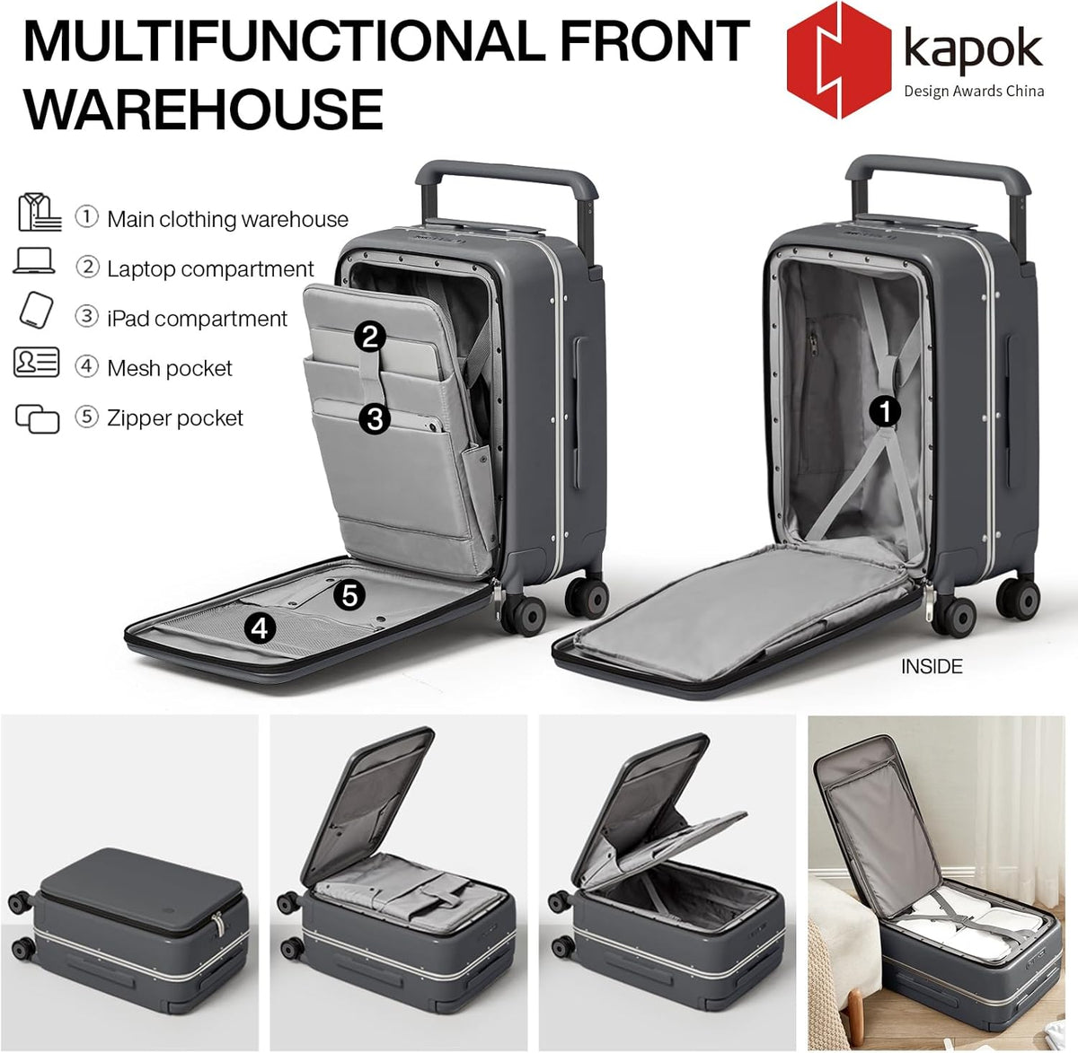 Carry On Luggage Wide Handle Luxury Design Rolling Travel Suitcase PC Hardside with Aluminum Frame Hollow Spinner Wheels, with Cover, 20 inch, Smoke White