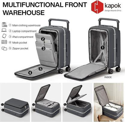 Carry On Luggage Wide Handle Luxury Design Rolling Travel Suitcase PC Hardside with Aluminum Frame Hollow Spinner Wheels, with Cover, 20 inch, Smoke White