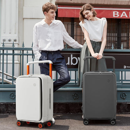 Carry On Luggage Wide Handle Luxury Design Rolling Travel Suitcase PC Hardside with Aluminum Frame Hollow Spinner Wheels, with Cover, 20 inch, Smoke White