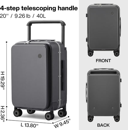 Carry On Luggage Wide Handle Luxury Design Rolling Travel Suitcase PC Hardside with Aluminum Frame Hollow Spinner Wheels, with Cover, 20 inch, Smoke White