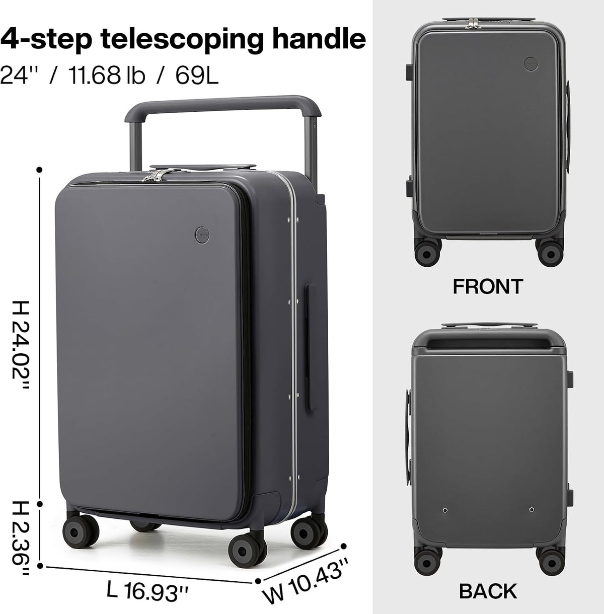 Carry On Luggage Wide Handle Luxury Design Rolling Travel Suitcase PC Hardside with Aluminum Frame Hollow Spinner Wheels, with Cover, 20 inch, Smoke White