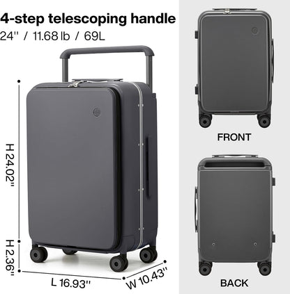 Carry On Luggage Wide Handle Luxury Design Rolling Travel Suitcase PC Hardside with Aluminum Frame Hollow Spinner Wheels, with Cover, 20 inch, Smoke White