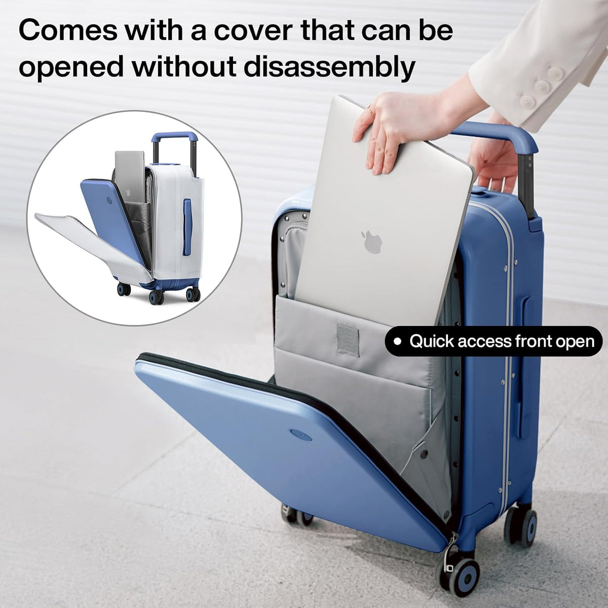 Carry On Luggage Wide Handle Luxury Design Rolling Travel Suitcase PC Hardside with Aluminum Frame Hollow Spinner Wheels, with Cover, 20 inch, Smoke White