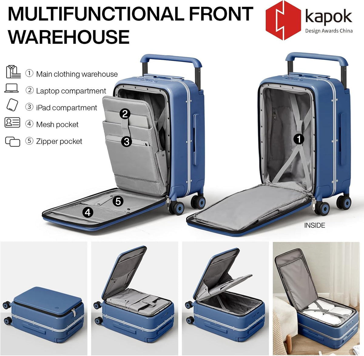 Carry On Luggage Wide Handle Luxury Design Rolling Travel Suitcase PC Hardside with Aluminum Frame Hollow Spinner Wheels, with Cover, 20 inch, Smoke White