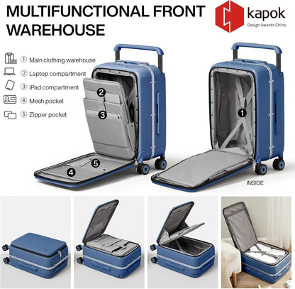 Carry On Luggage Wide Handle Luxury Design Rolling Travel Suitcase PC Hardside with Aluminum Frame Hollow Spinner Wheels, with Cover, 20 inch, Smoke White