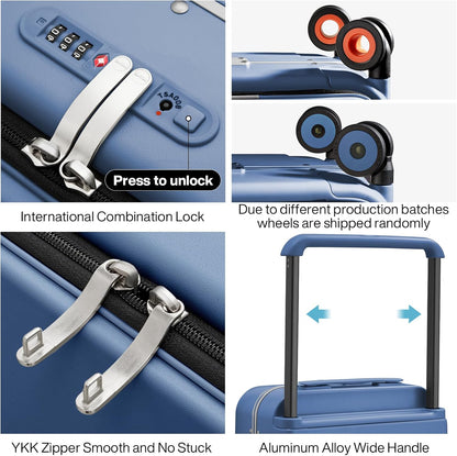 Carry On Luggage Wide Handle Luxury Design Rolling Travel Suitcase PC Hardside with Aluminum Frame Hollow Spinner Wheels, with Cover, 20 inch, Smoke White