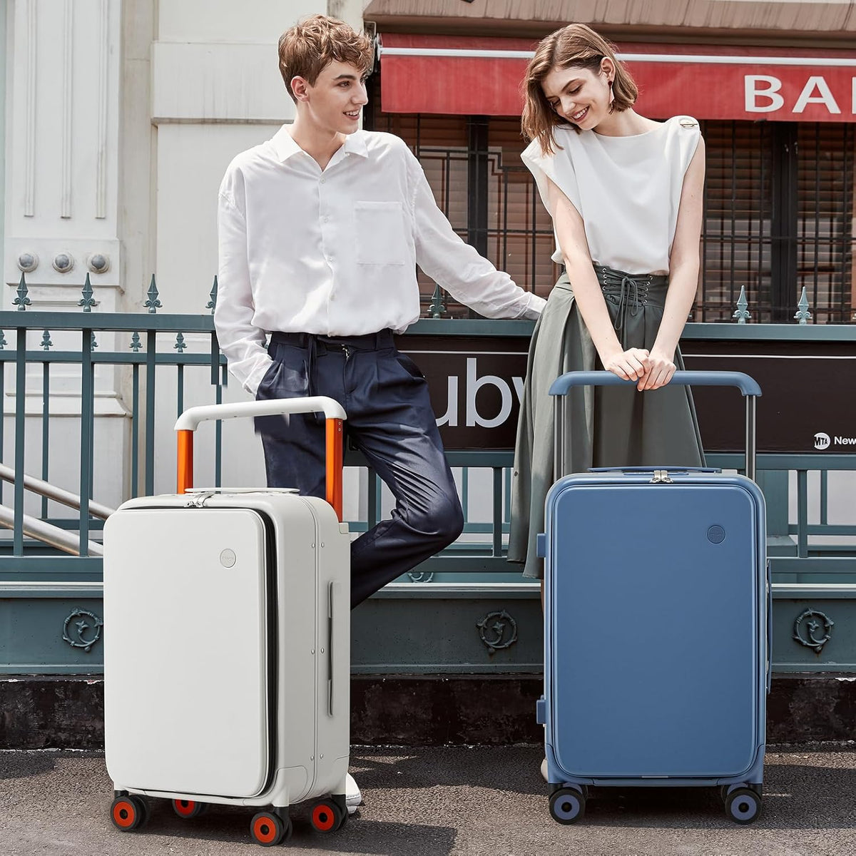 Carry On Luggage Wide Handle Luxury Design Rolling Travel Suitcase PC Hardside with Aluminum Frame Hollow Spinner Wheels, with Cover, 20 inch, Smoke White