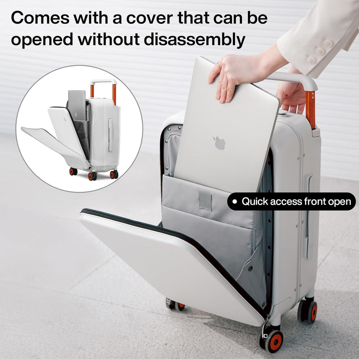 Carry On Luggage Wide Handle Luxury Design Rolling Travel Suitcase PC Hardside with Aluminum Frame Hollow Spinner Wheels, with Cover, 20 inch, Smoke White