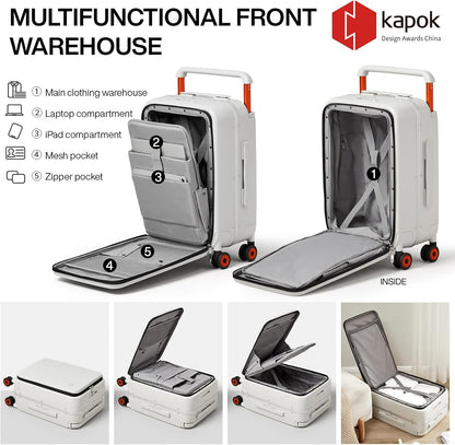 Carry On Luggage Wide Handle Luxury Design Rolling Travel Suitcase PC Hardside with Aluminum Frame Hollow Spinner Wheels, with Cover, 20 inch, Smoke White