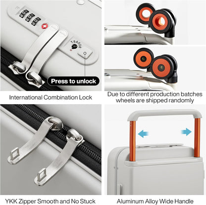 Carry On Luggage Wide Handle Luxury Design Rolling Travel Suitcase PC Hardside with Aluminum Frame Hollow Spinner Wheels, with Cover, 20 inch, Smoke White