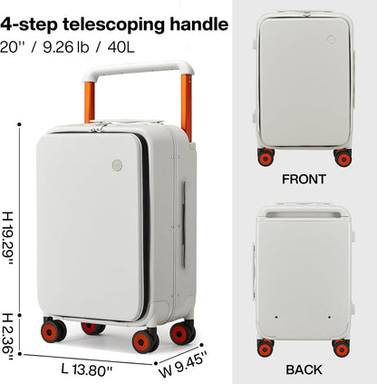 Carry On Luggage Wide Handle Luxury Design Rolling Travel Suitcase PC Hardside with Aluminum Frame Hollow Spinner Wheels, with Cover, 20 inch, Smoke White