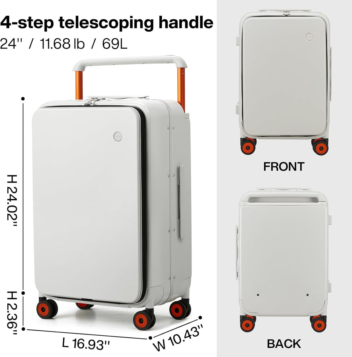 Carry On Luggage Wide Handle Luxury Design Rolling Travel Suitcase PC Hardside with Aluminum Frame Hollow Spinner Wheels, with Cover, 20 inch, Smoke White