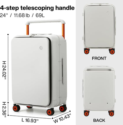 Carry On Luggage Wide Handle Luxury Design Rolling Travel Suitcase PC Hardside with Aluminum Frame Hollow Spinner Wheels, with Cover, 20 inch, Smoke White