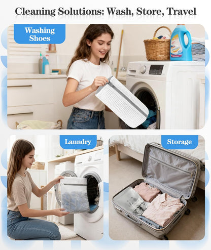 3-IN-1 Laundry & Shoe Washing Machine Bag Kit : Laundry Shoe Bag for Washer and Dryer,Reusable Shoe Cleaning Bag for Sneakers,Tennis,Self-locking Zipper & Microfiber,Include 3 Laundry Bag & 2 Shoe Bag