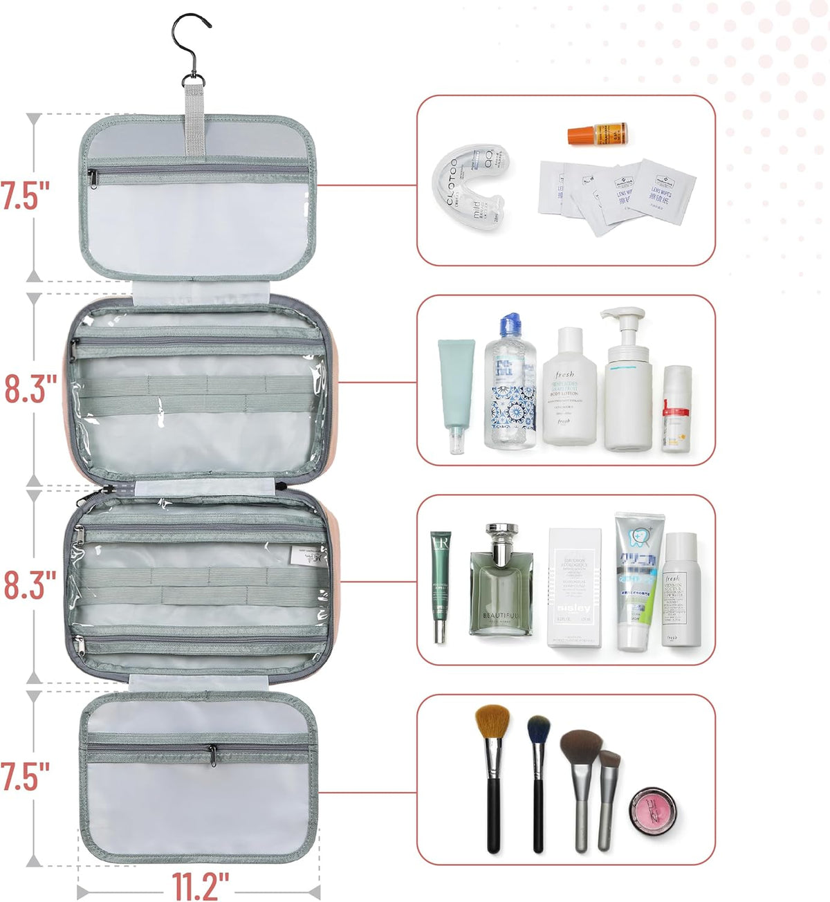 Travel Toiletry Bag Organizers, Baby Pink | Makeup Travel Bag for Toiletries with Hanging Hook, Water-Resistant