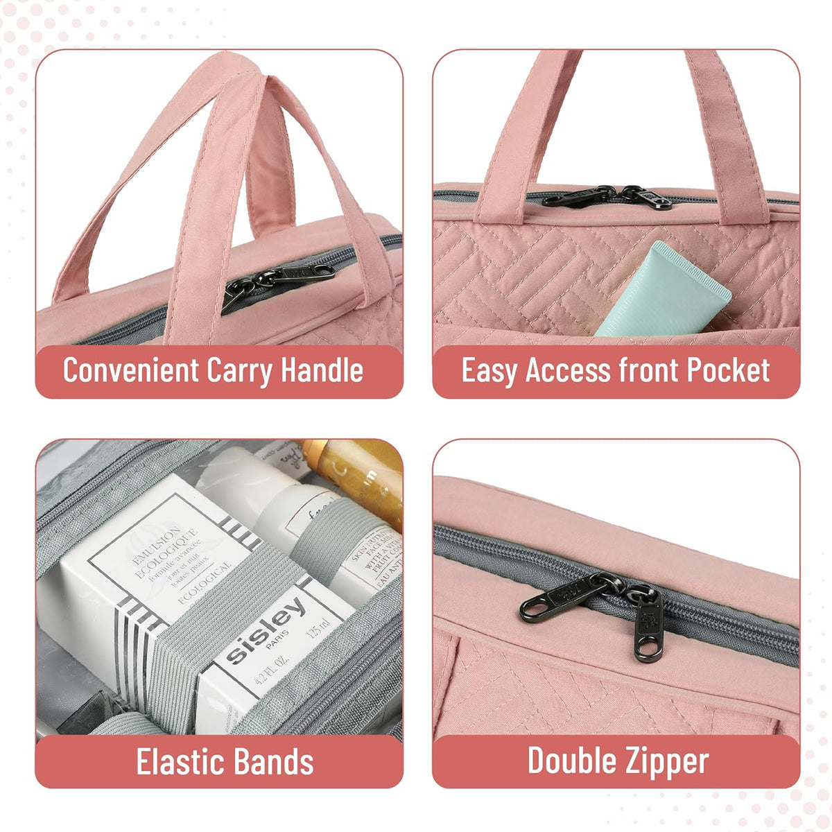 Travel Toiletry Bag Organizers, Baby Pink | Makeup Travel Bag for Toiletries with Hanging Hook, Water-Resistant