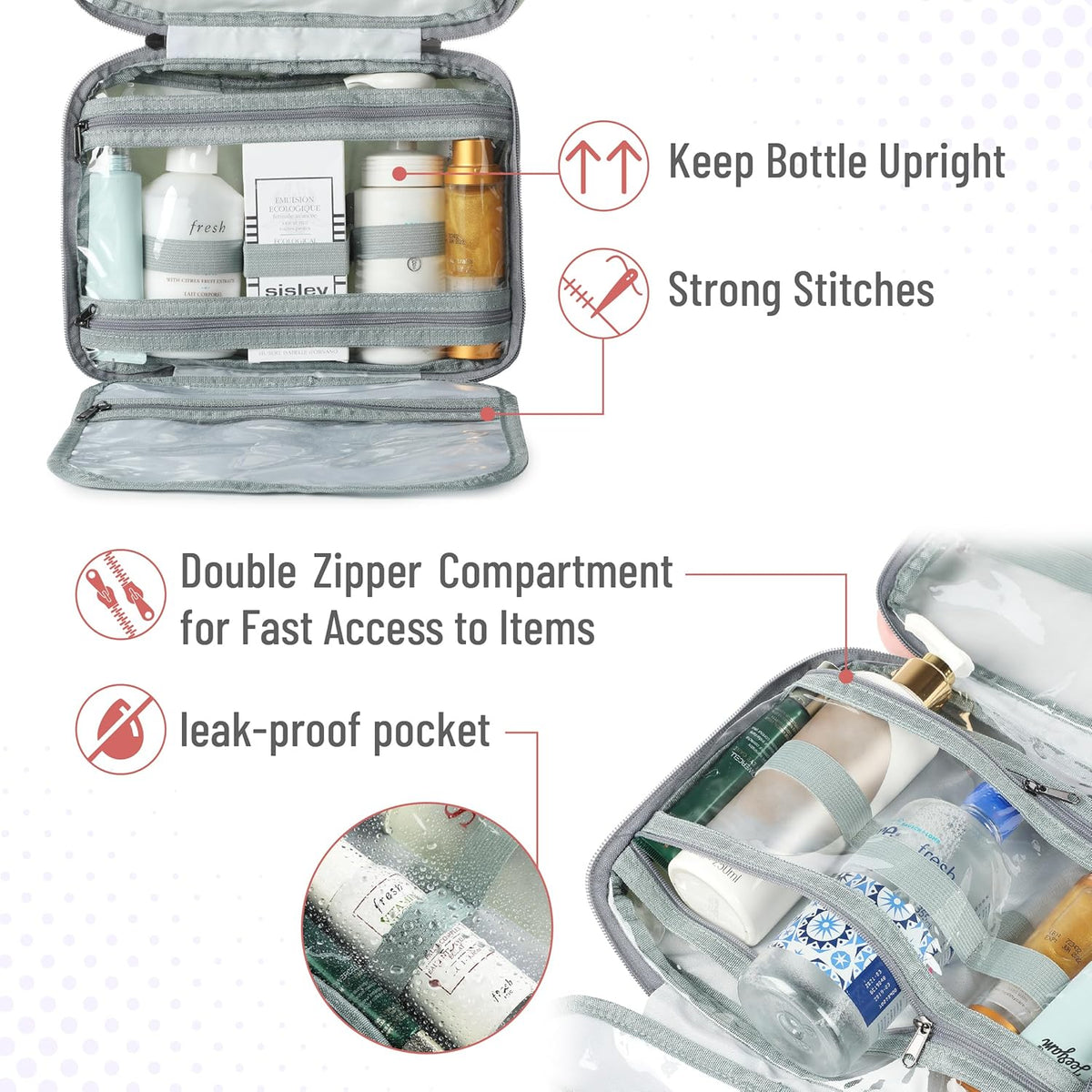 Travel Toiletry Bag Organizers, Baby Pink | Makeup Travel Bag for Toiletries with Hanging Hook, Water-Resistant