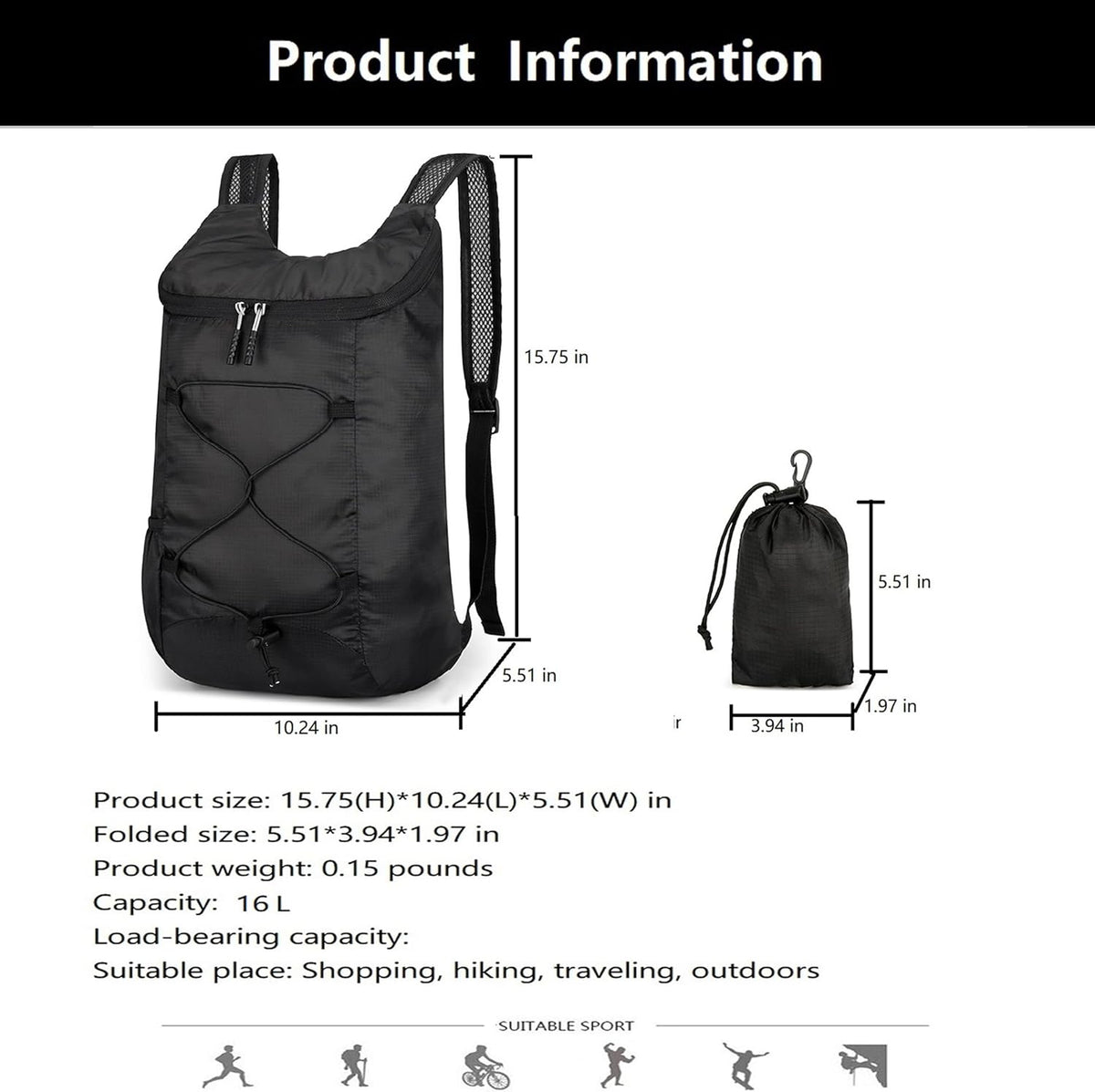 16L Foldable Hiking Backpack,Small Packable Daypack,Dark Blue | Lightweight ,Outdoor Collapsible Rucksack,Ultralight Folding Back Pack, Water Repellent, Men Women Travel Gym, Easy Carry-on
