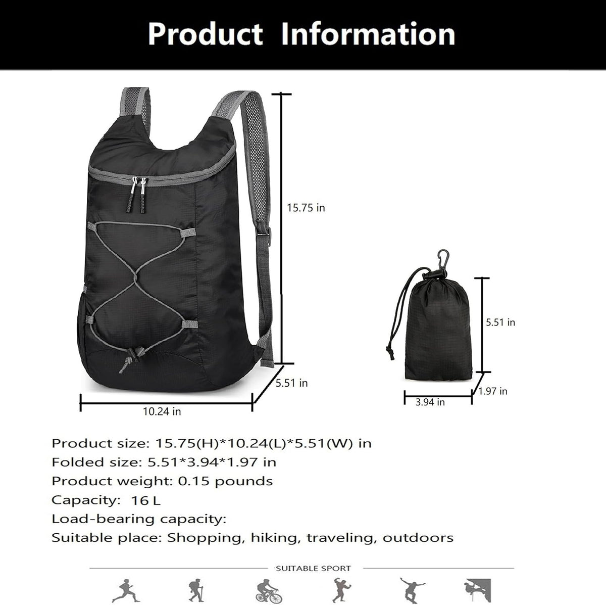 16L Foldable Hiking Backpack,Small Packable Daypack,Dark Blue | Lightweight ,Outdoor Collapsible Rucksack,Ultralight Folding Back Pack, Water Repellent, Men Women Travel Gym, Easy Carry-on