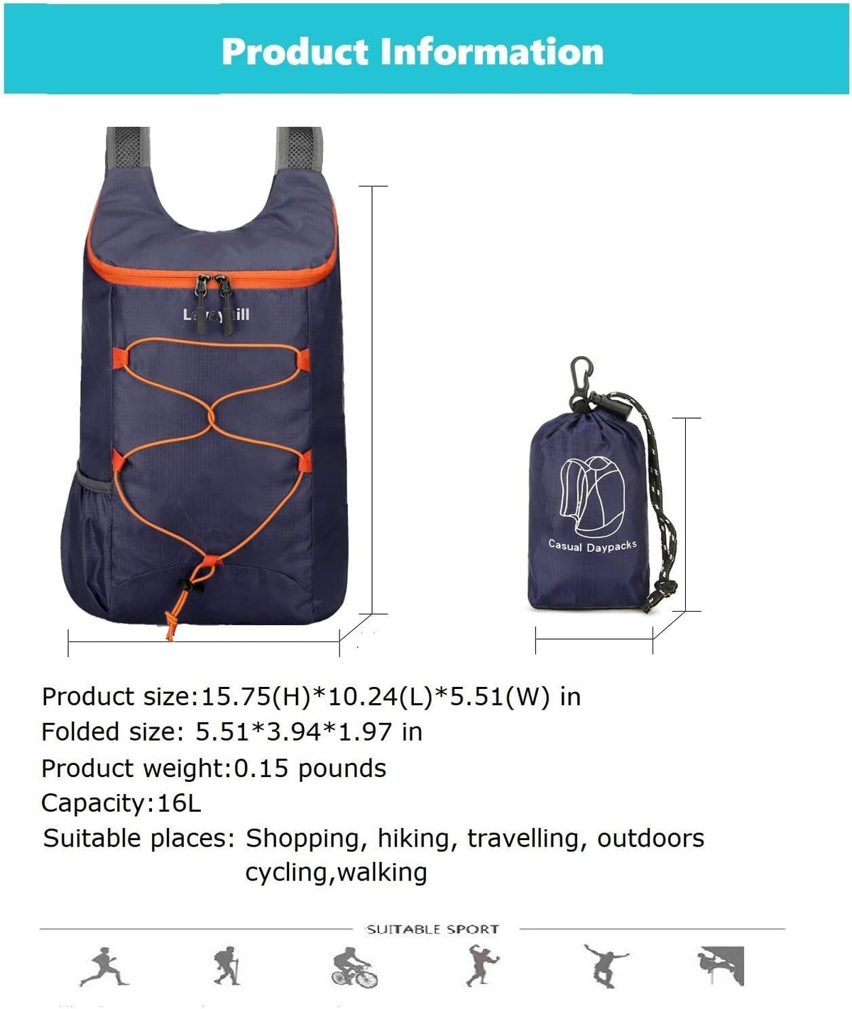 16L Foldable Hiking Backpack,Small Packable Daypack,Dark Blue | Lightweight ,Outdoor Collapsible Rucksack,Ultralight Folding Back Pack, Water Repellent, Men Women Travel Gym, Easy Carry-on