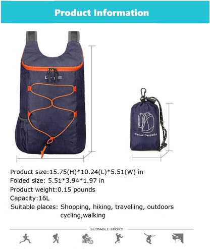 16L Foldable Hiking Backpack,Small Packable Daypack,Dark Blue | Lightweight ,Outdoor Collapsible Rucksack,Ultralight Folding Back Pack, Water Repellent, Men Women Travel Gym, Easy Carry-on