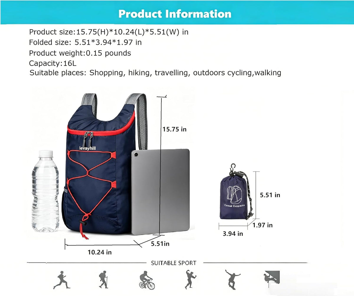 16L Foldable Hiking Backpack,Small Packable Daypack,Dark Blue | Lightweight ,Outdoor Collapsible Rucksack,Ultralight Folding Back Pack, Water Repellent, Men Women Travel Gym, Easy Carry-on