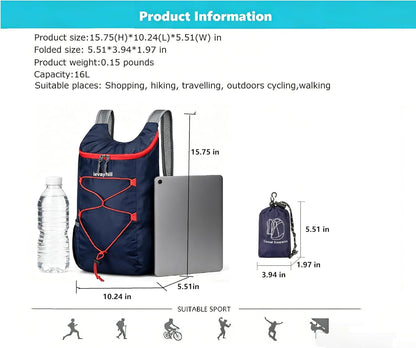 16L Foldable Hiking Backpack,Small Packable Daypack,Dark Blue | Lightweight ,Outdoor Collapsible Rucksack,Ultralight Folding Back Pack, Water Repellent, Men Women Travel Gym, Easy Carry-on