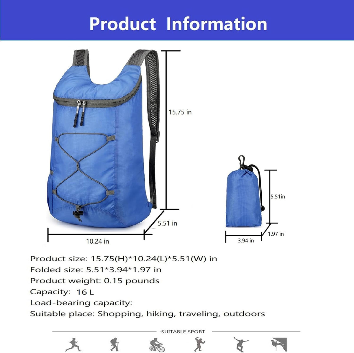 16L Foldable Hiking Backpack,Small Packable Daypack,Dark Blue | Lightweight ,Outdoor Collapsible Rucksack,Ultralight Folding Back Pack, Water Repellent, Men Women Travel Gym, Easy Carry-on