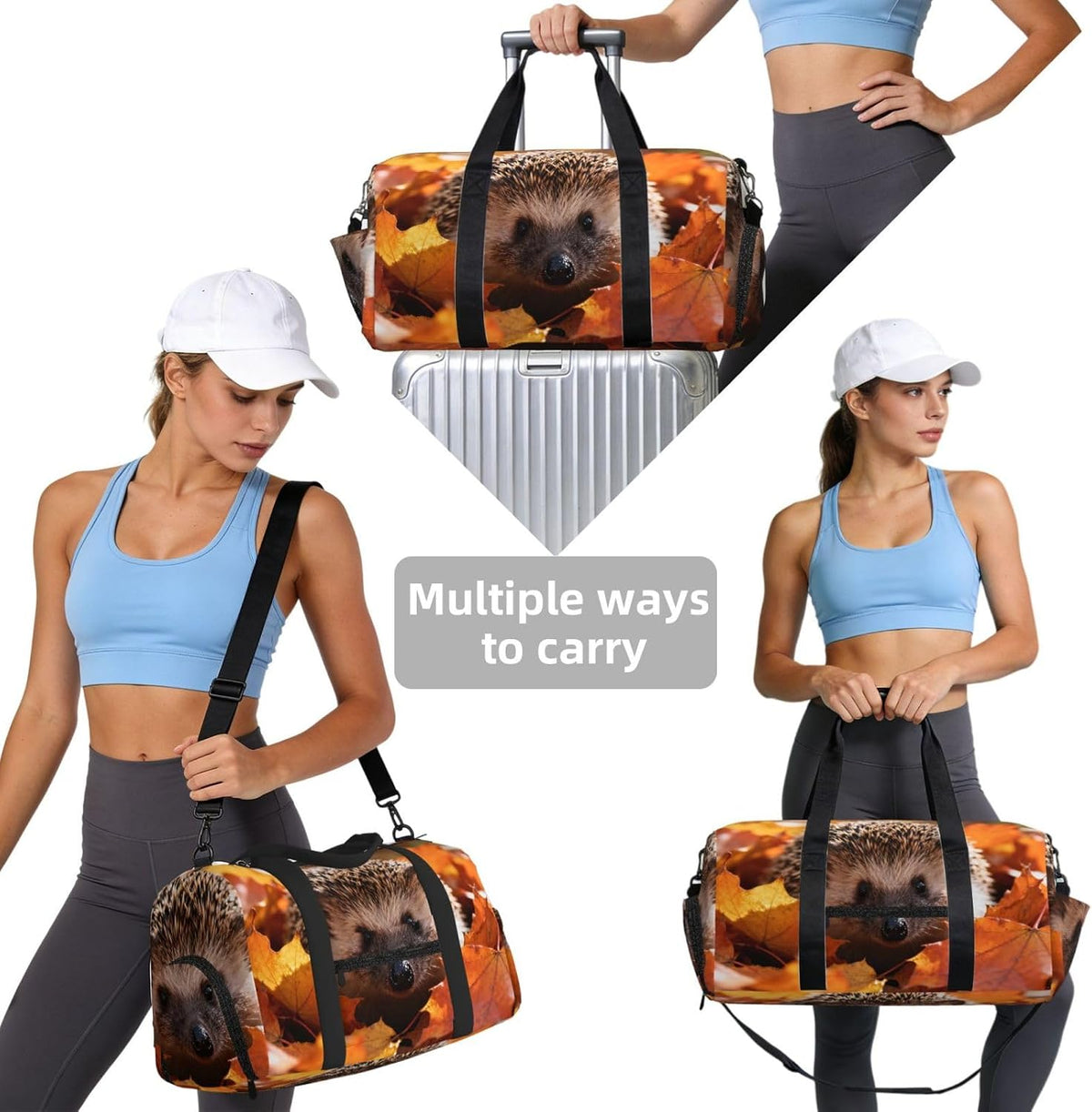 hedgehog Duffel Bag with Shoe Compartment-Sports Gym Weekender for Men Women, Waterproof Travel Tote with Wet Pocket for Dirty Shoes
